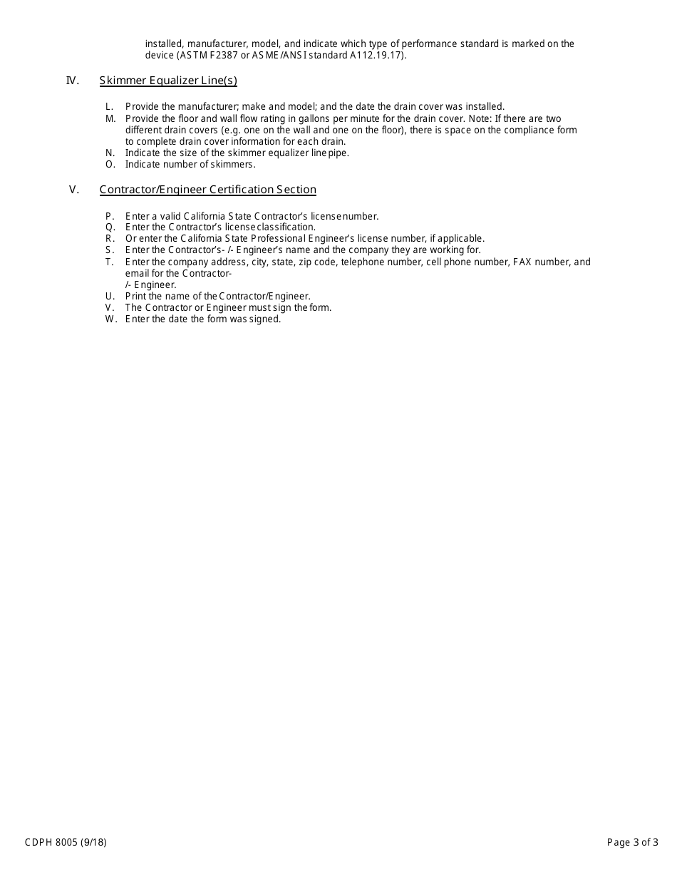 Form CDPH8005 Anti-entrapment Devices and Systems for Public Pools and Spas Compliance - California, Page 3