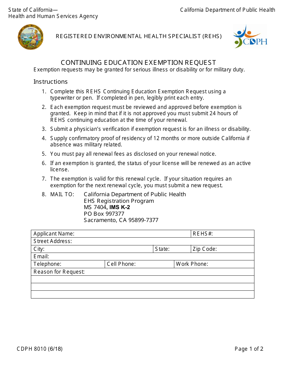 Form CDPH8010 Continuing Education Exemption Request - California, Page 1