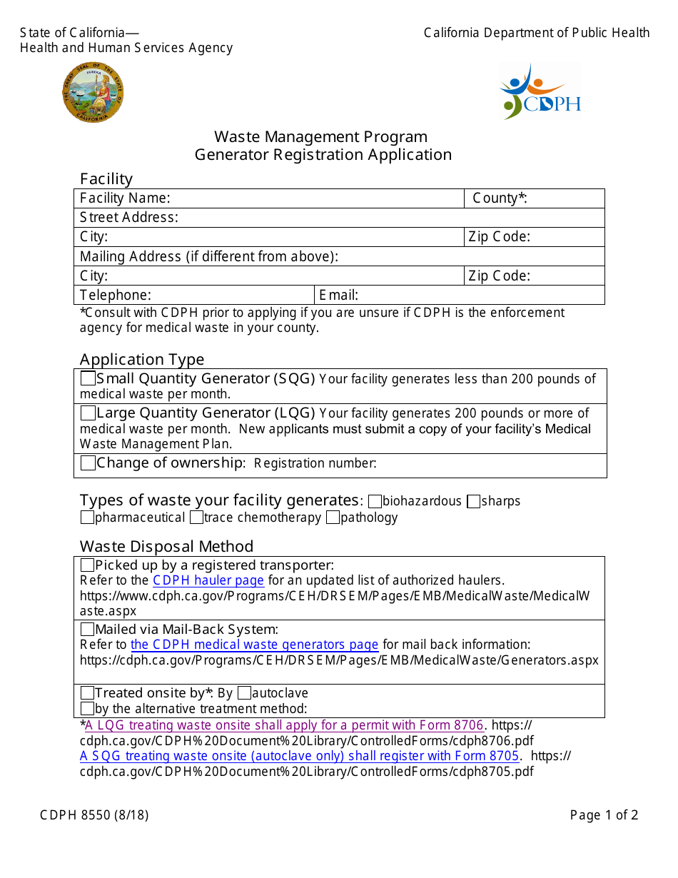Form CDPH8550 Generator Registration Application - Medical Waste Management Program - California, Page 1