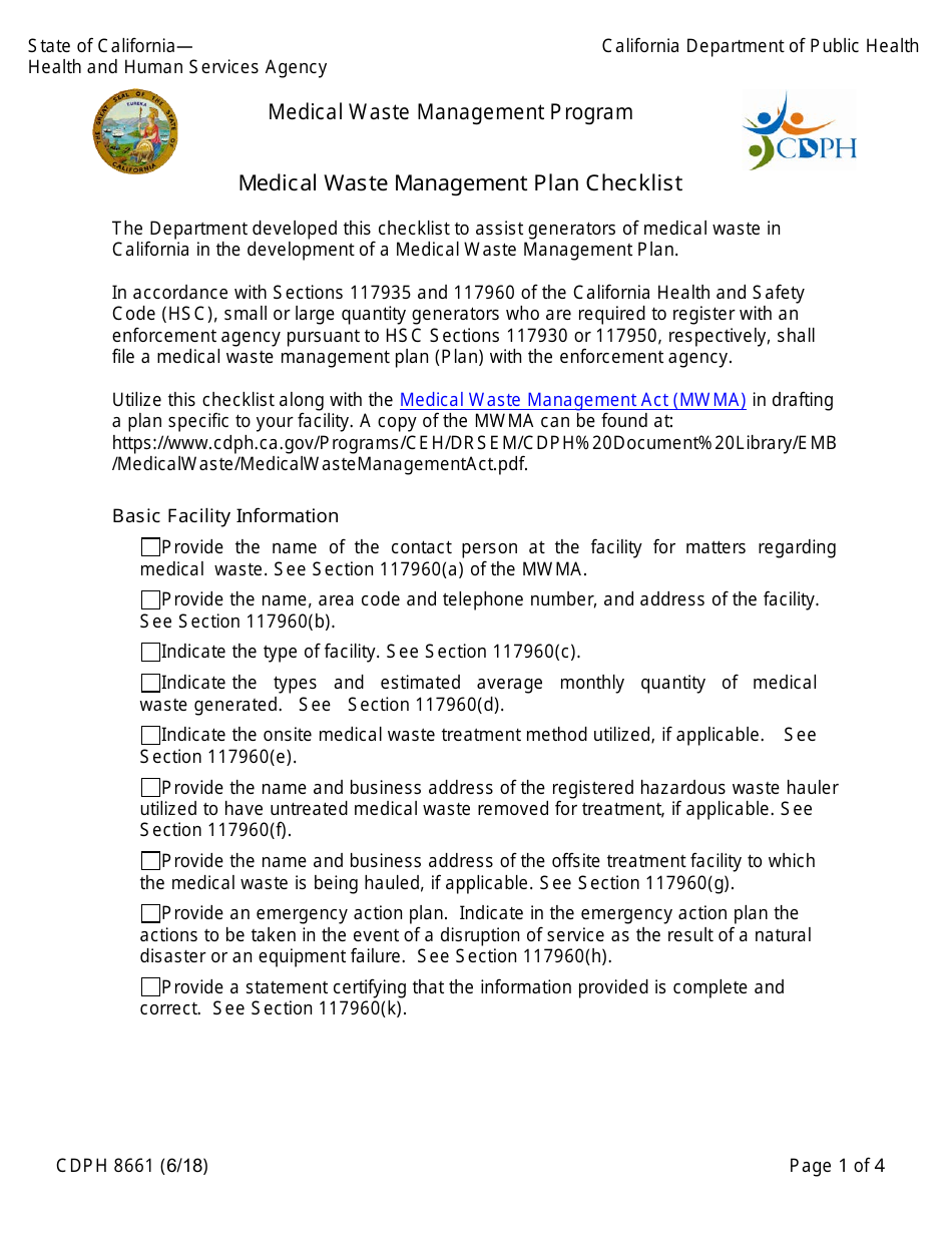 Form CDPH8661 Medical Waste Management Plan Checklist - California, Page 1