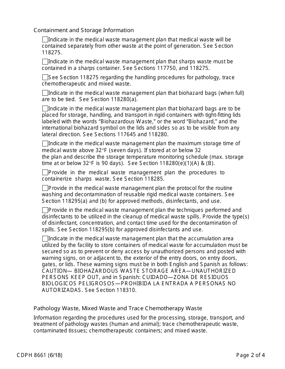 Form CDPH8661 Medical Waste Management Plan Checklist - California, Page 2
