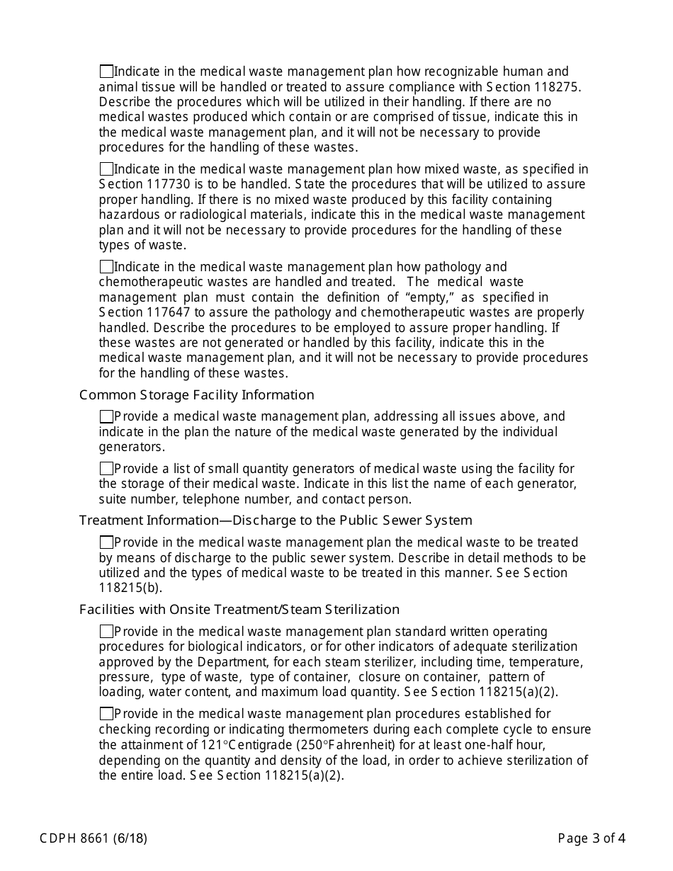 Form CDPH8661 Medical Waste Management Plan Checklist - California, Page 3