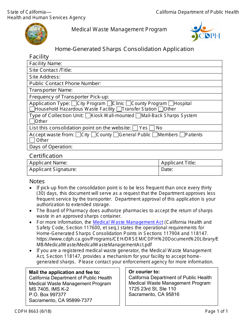 Form CDPH8663 Home-Generated Sharps Consolidation Application - California, Page 1