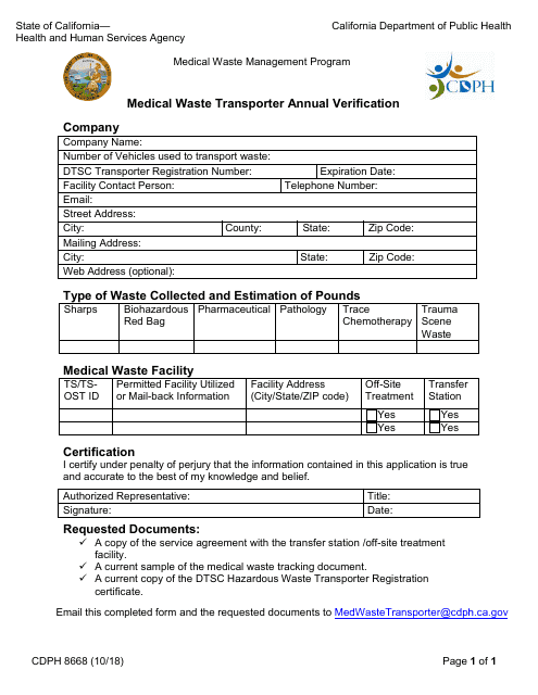 Form CDPH8668 Medical Waste Transponder Annual Verification - California