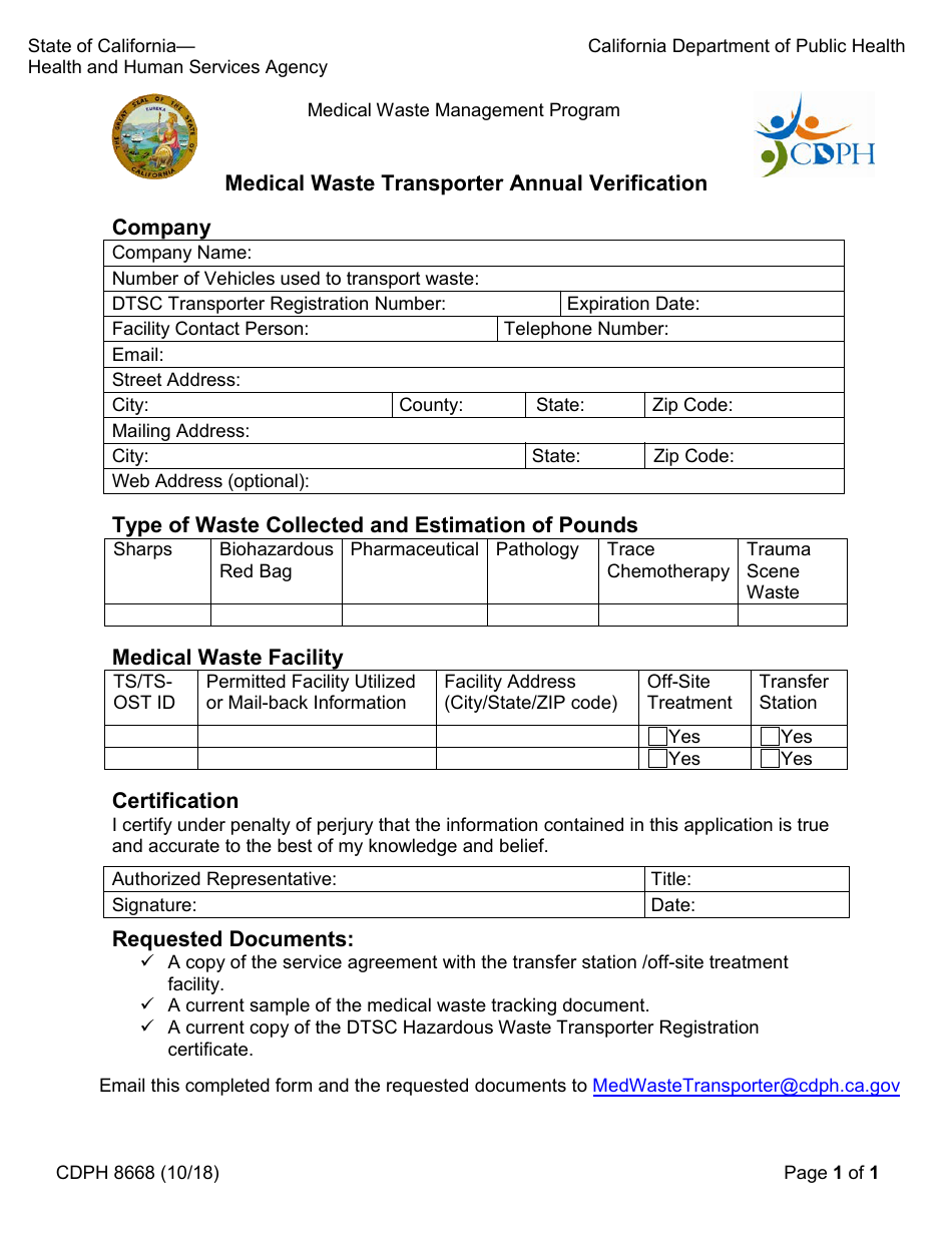 Form CDPH8668 Medical Waste Transponder Annual Verification - California, Page 1