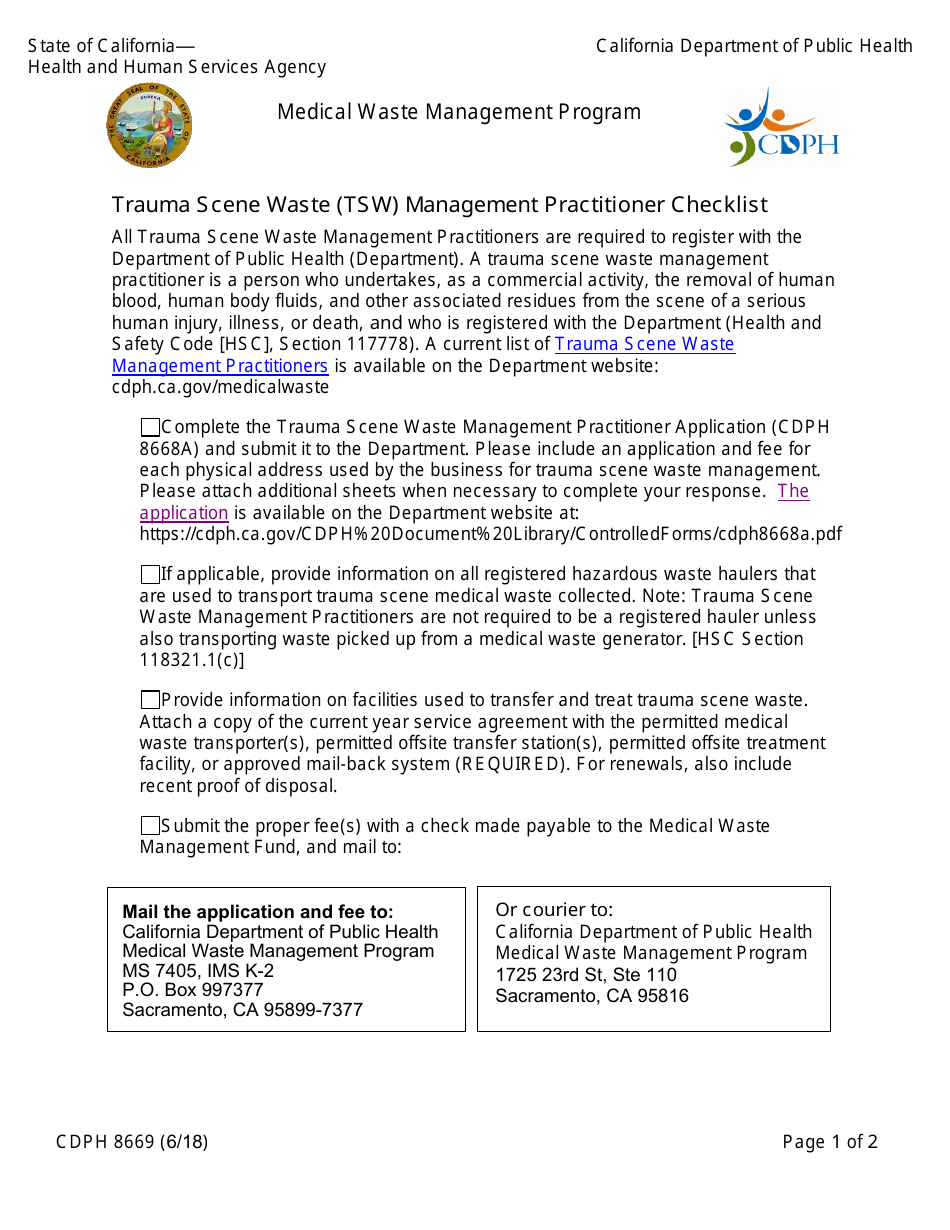 Form CDPH8669 Trauma Scene Waste (Tsw) Management Practitioner Checklist - California, Page 1