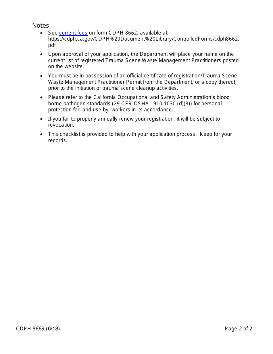 Form CDPH8669 Trauma Scene Waste (Tsw) Management Practitioner Checklist - California, Page 2