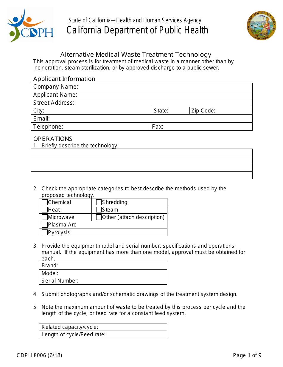 Form CDPH8006 Alternative Medical Waste Treatment Technology - California, Page 1
