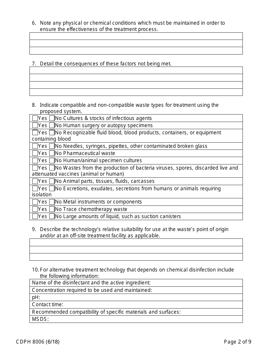 Form CDPH8006 Alternative Medical Waste Treatment Technology - California, Page 2