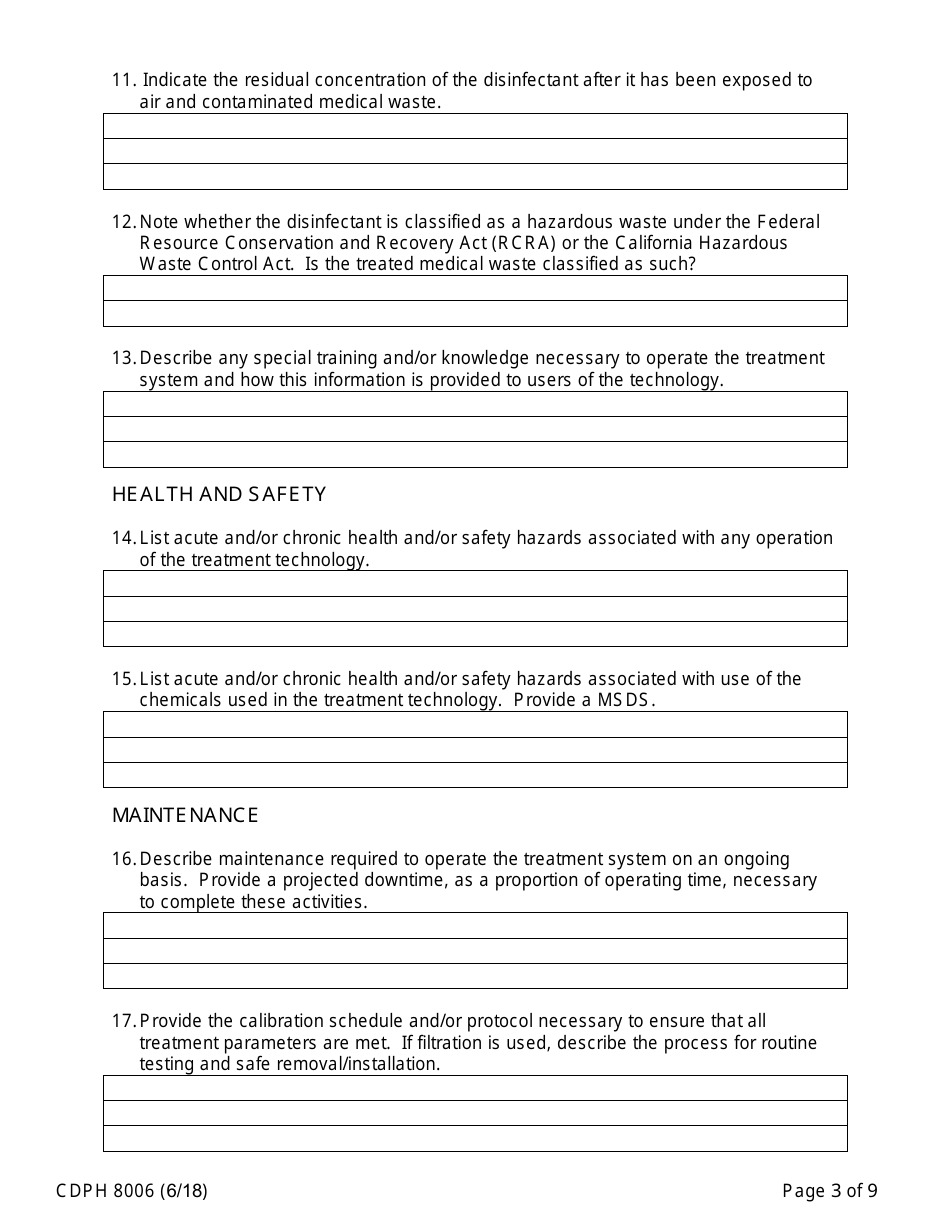 Form CDPH8006 Alternative Medical Waste Treatment Technology - California, Page 3