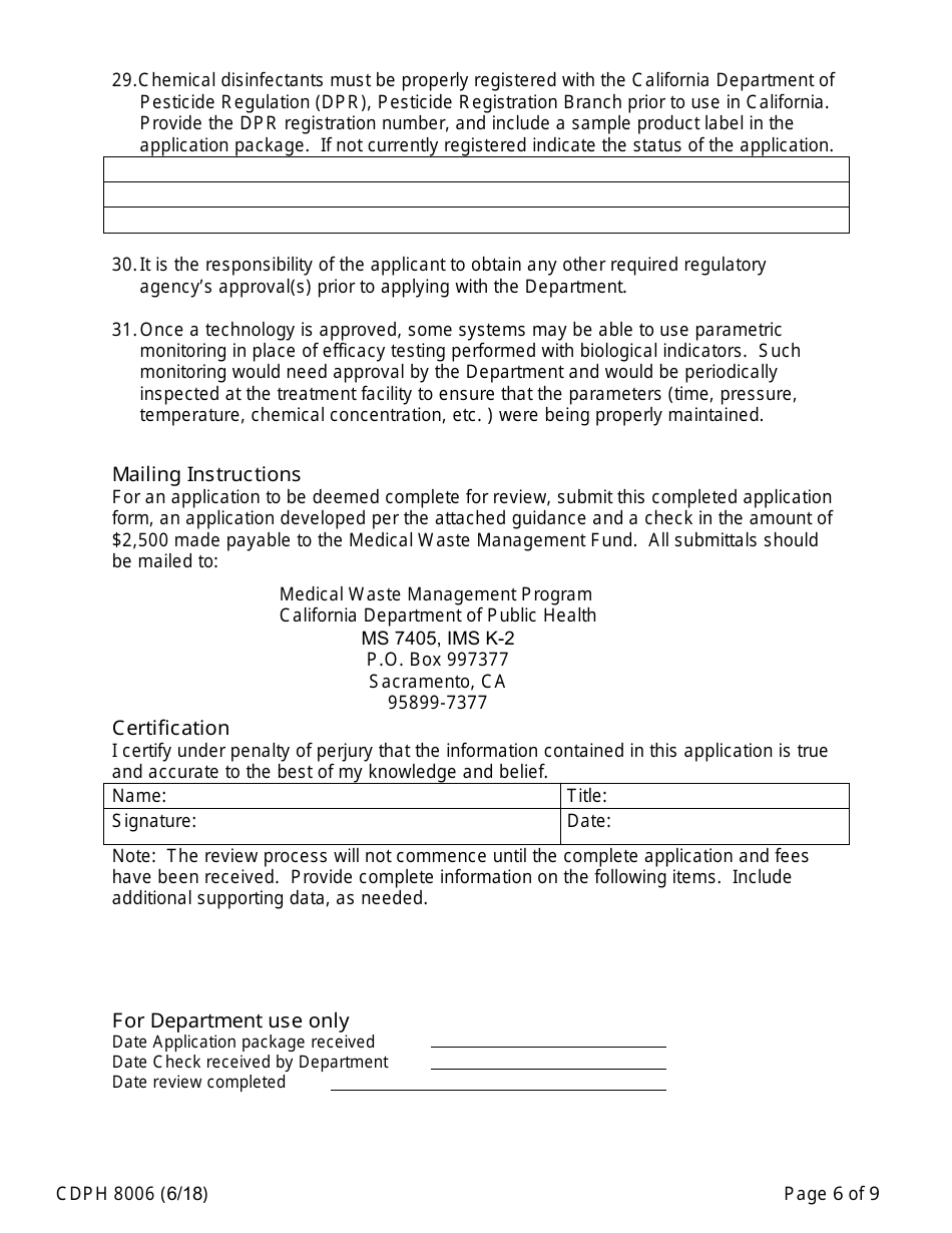Form CDPH8006 Alternative Medical Waste Treatment Technology - California, Page 6