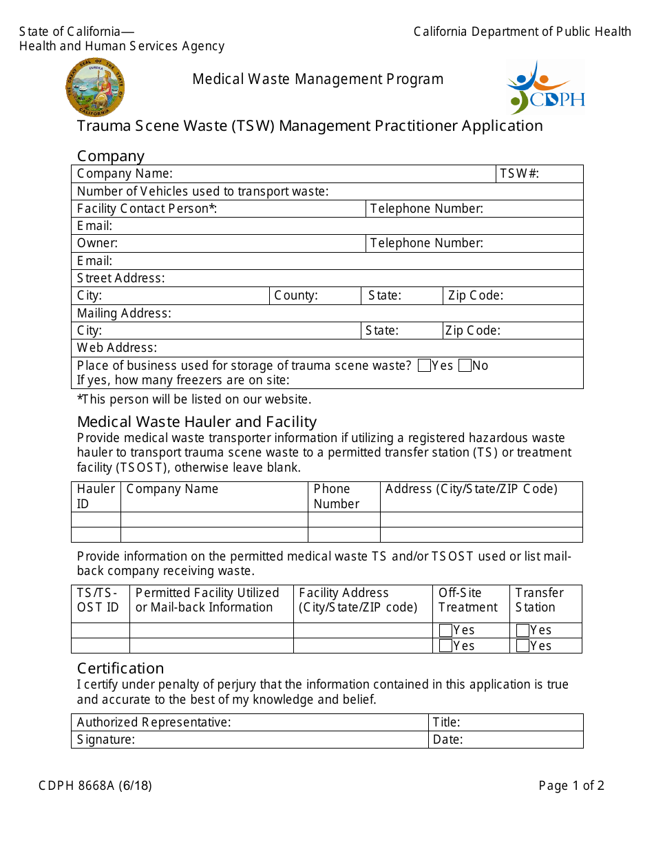 Form CDPH8668A Trauma Scene Waste (Tsw) Management Practitioner Application - California, Page 1
