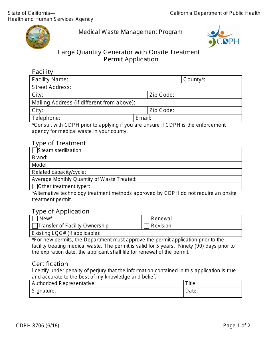 Form CDPH8706 Large Quantity Generator With Onsite Treatment Permit Application - Medical Waste Management Program - California, Page 1