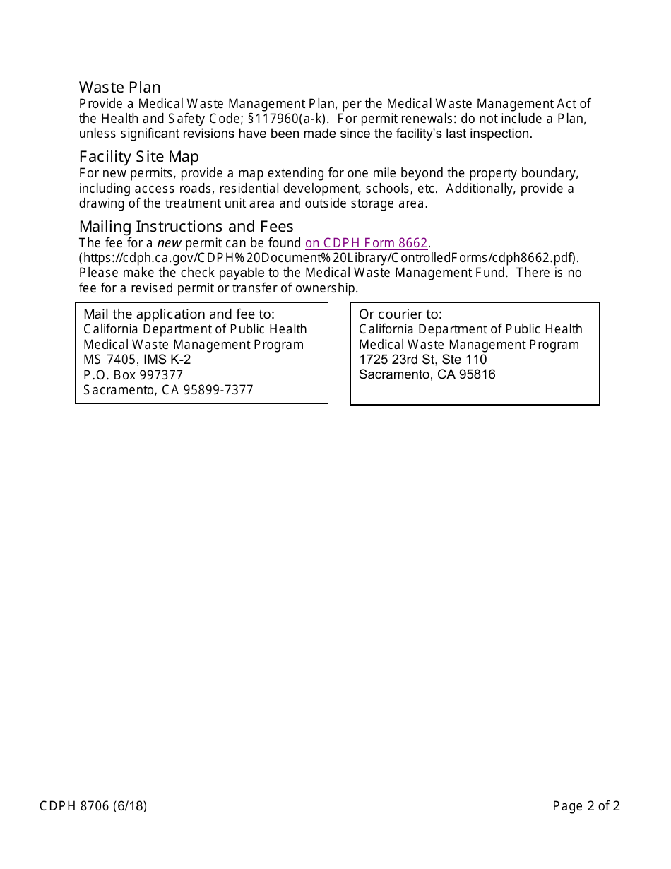Form CDPH8706 Large Quantity Generator With Onsite Treatment Permit Application - Medical Waste Management Program - California, Page 2