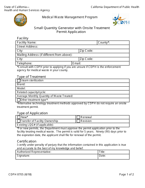 Form CDPH8705 Small Quantity Generator With Onsite Treatment Permit Application - Medical Waste Management Program - California