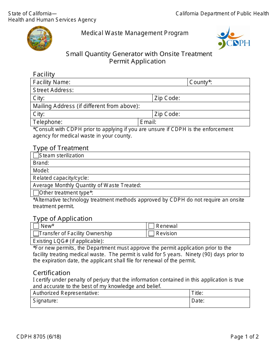 Form CDPH8705 Small Quantity Generator With Onsite Treatment Permit Application - Medical Waste Management Program - California, Page 1