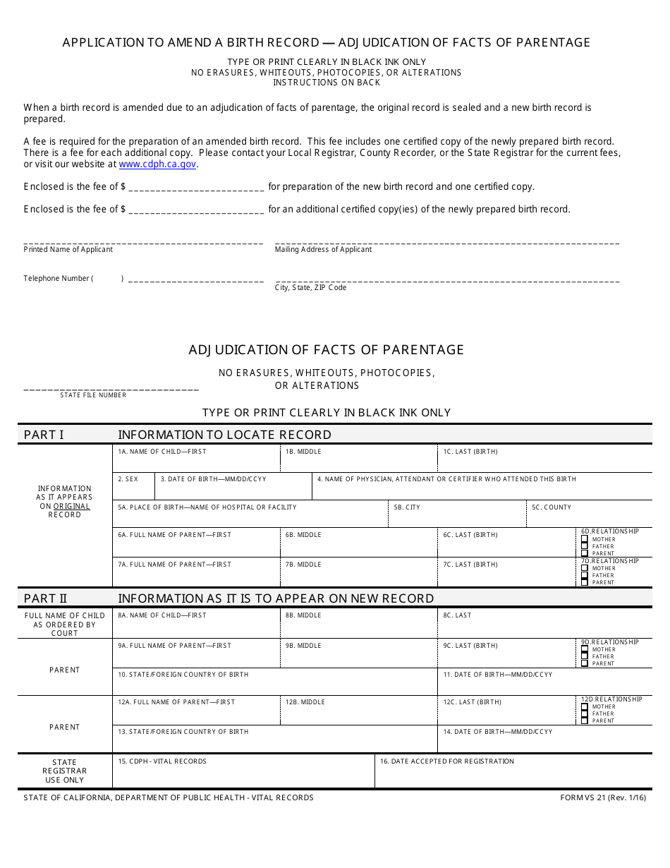 Form VS21 Application to Amend a Birth Record - Adjudication of Facts of Parentage - California, Page 1