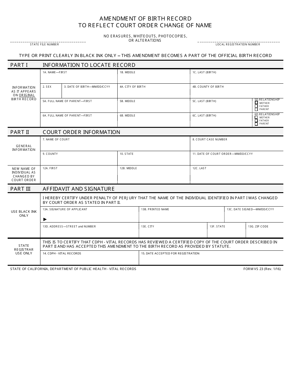 Form VS23 Amendment of Birth Record to Reflect Court Order Change of Name - California, Page 1
