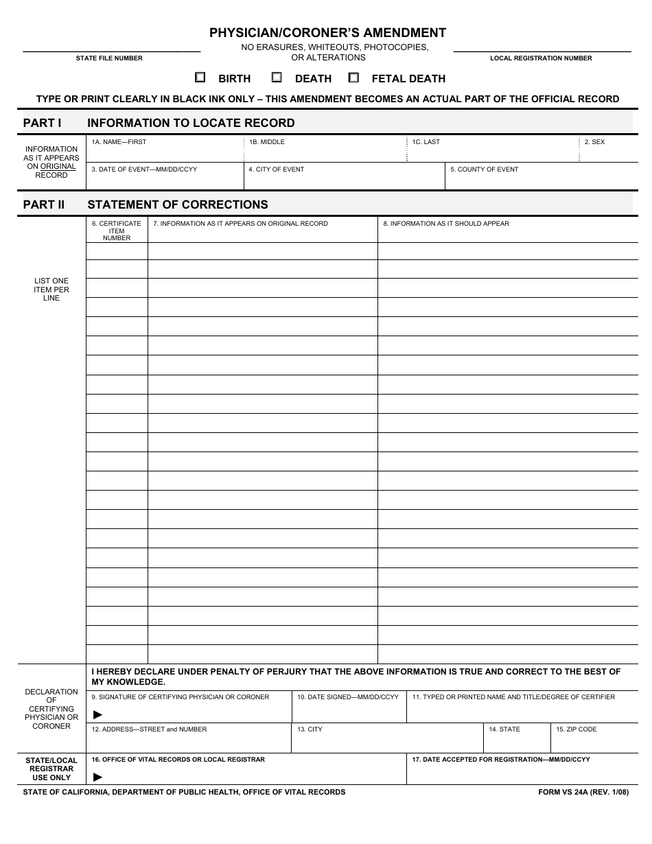 Form VS24A Physician / Coroners Amendment - California, Page 1