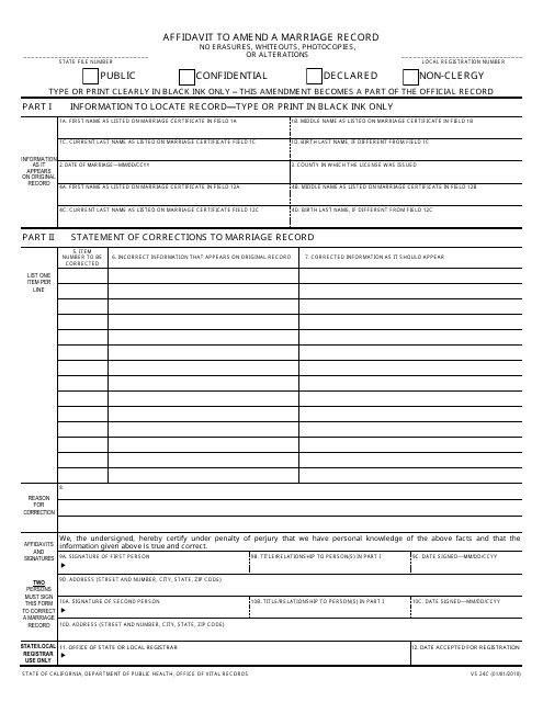 Form VS 24C Download Fillable PDF Affidavit To Amend A Marriage Record 