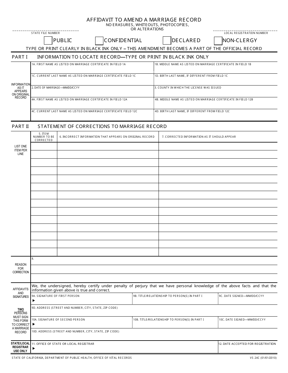 Form VS24C Affidavit to Amend a Marriage Record - California, Page 1