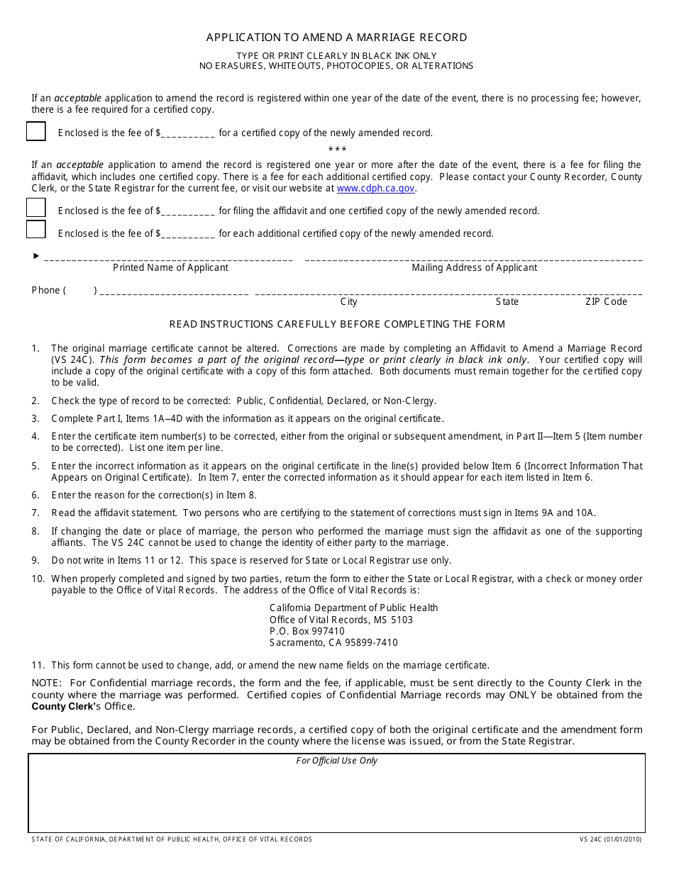 Form VS24C Affidavit to Amend a Marriage Record - California, Page 2