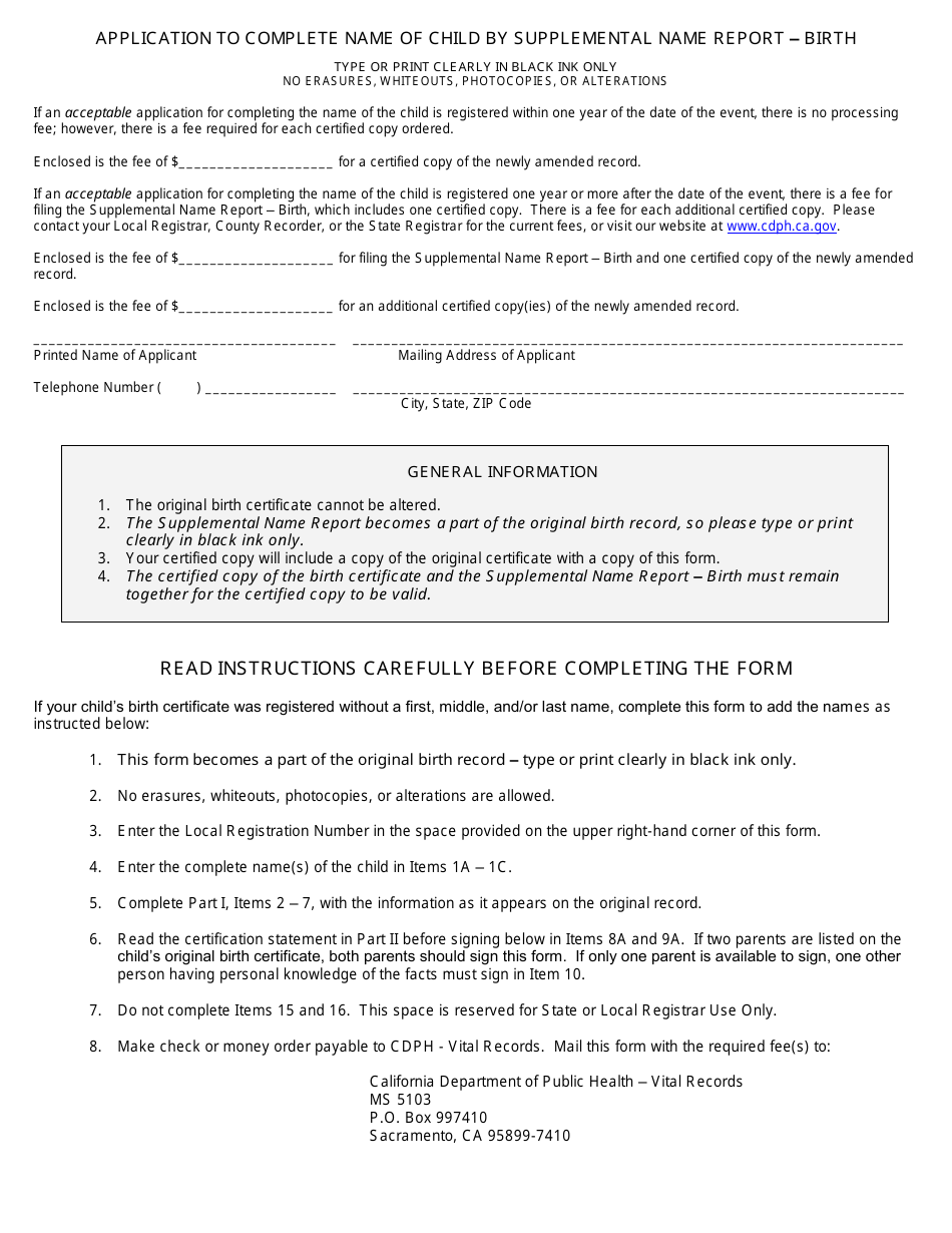 Form VS107 Supplemental Name Report - Birth - California, Page 2