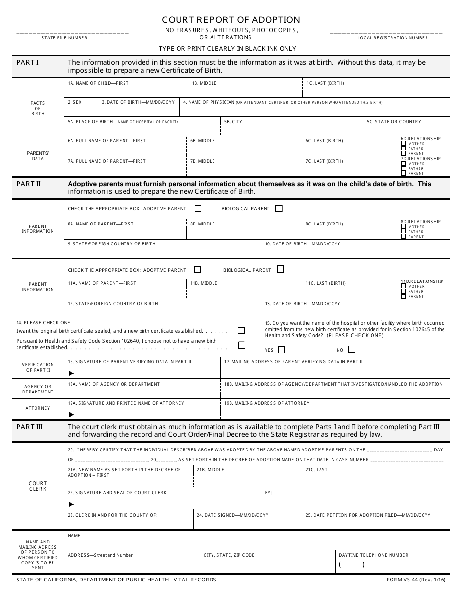 Form VS44 Court Report of Adoption - California, Page 1