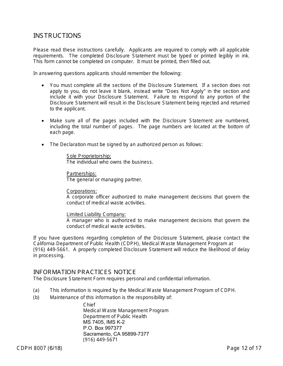 Form CDPH8007 Transfer Station and Treatment Facility Disclosure Statement - California, Page 12