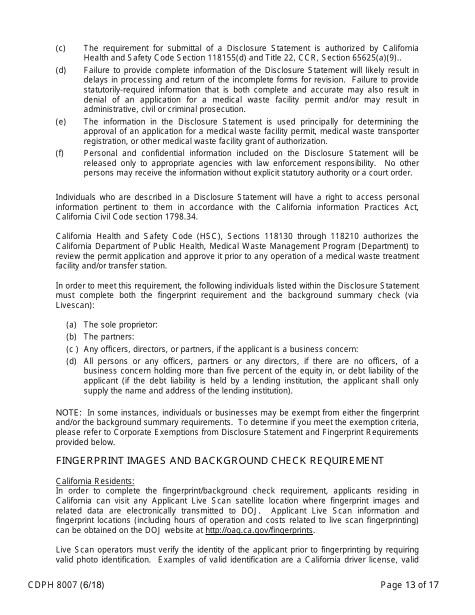 Form CDPH8007 Transfer Station and Treatment Facility Disclosure Statement - California, Page 13