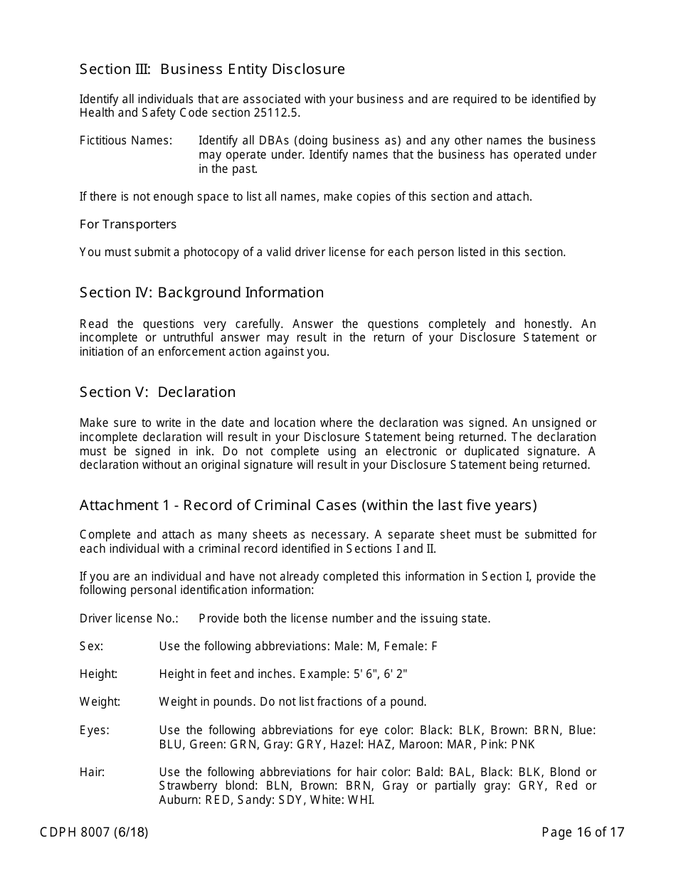 Form CDPH8007 Transfer Station and Treatment Facility Disclosure Statement - California, Page 16