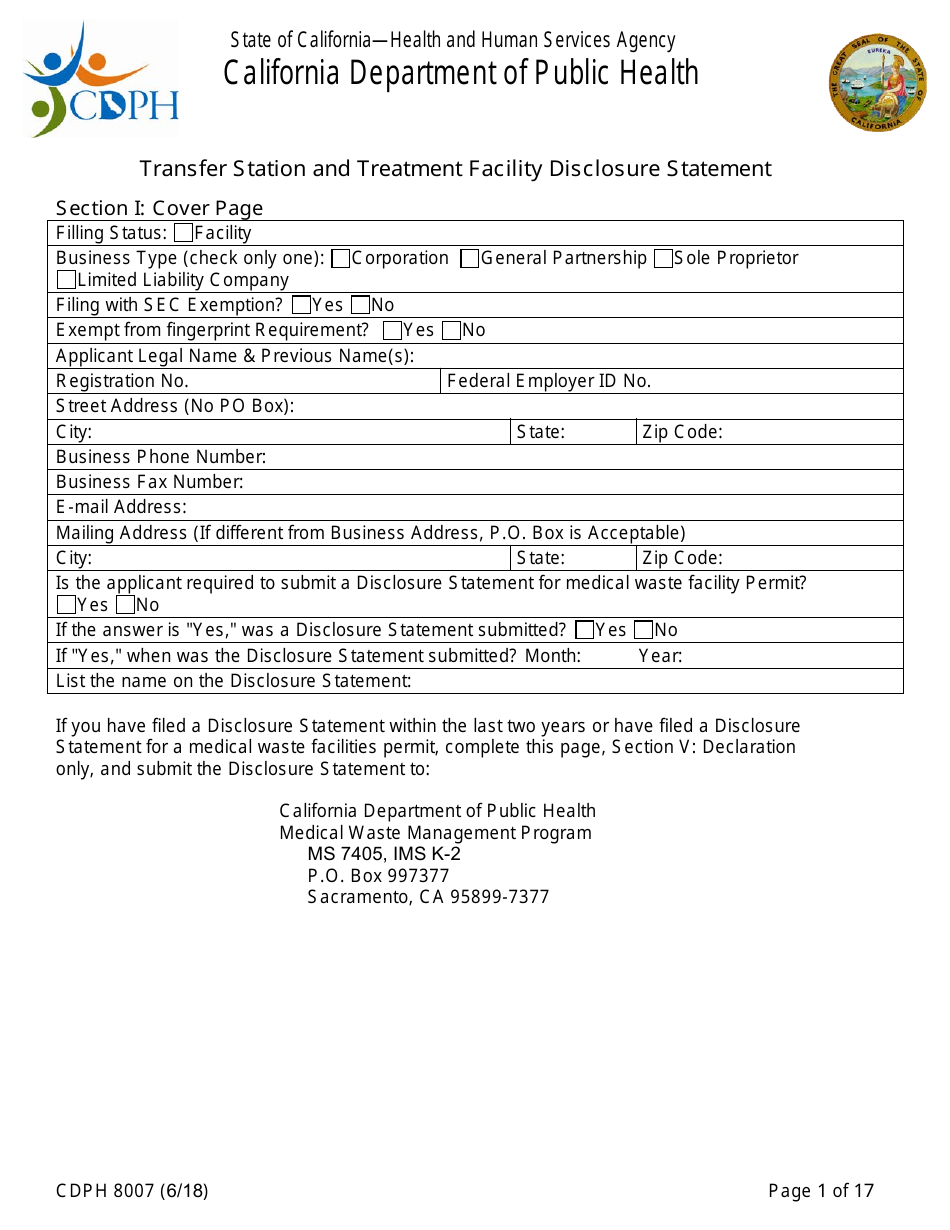 Form CDPH8007 Transfer Station and Treatment Facility Disclosure Statement - California, Page 1