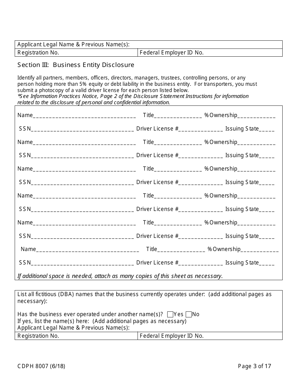 Form CDPH8007 Transfer Station and Treatment Facility Disclosure Statement - California, Page 3