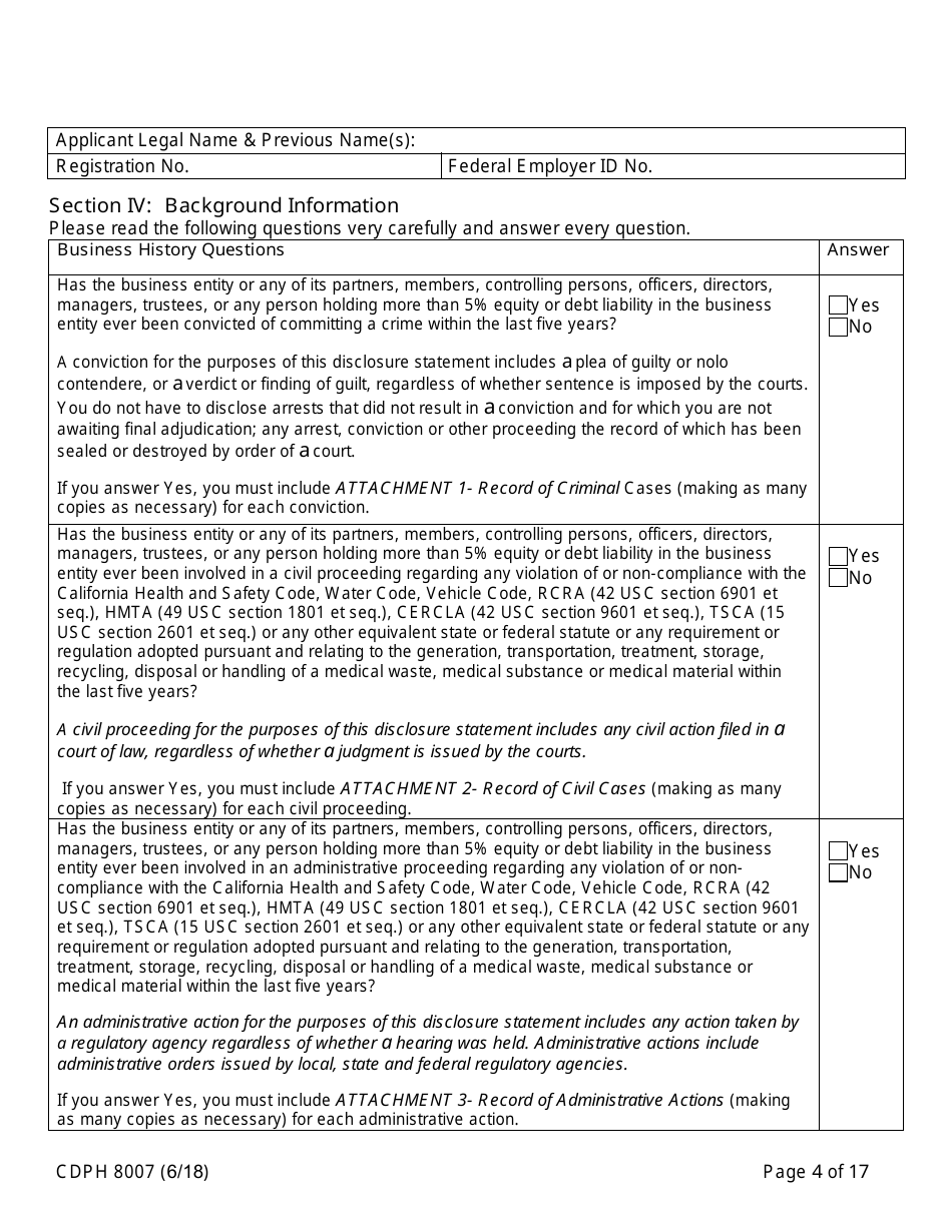 Form CDPH8007 Transfer Station and Treatment Facility Disclosure Statement - California, Page 4