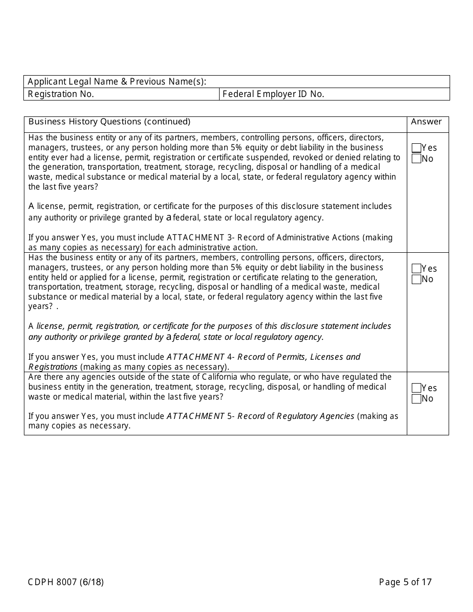 Form CDPH8007 Transfer Station and Treatment Facility Disclosure Statement - California, Page 5