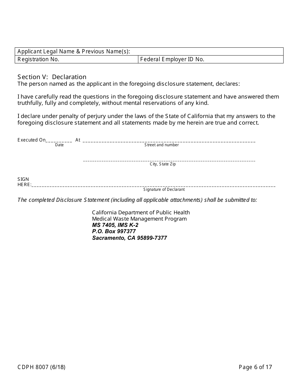 Form CDPH8007 Transfer Station and Treatment Facility Disclosure Statement - California, Page 6