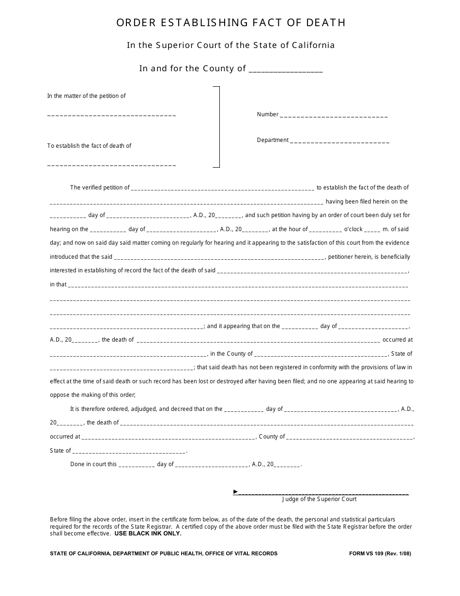 Form VS109 Court Ordered Delayed Registration of Death - California, Page 1