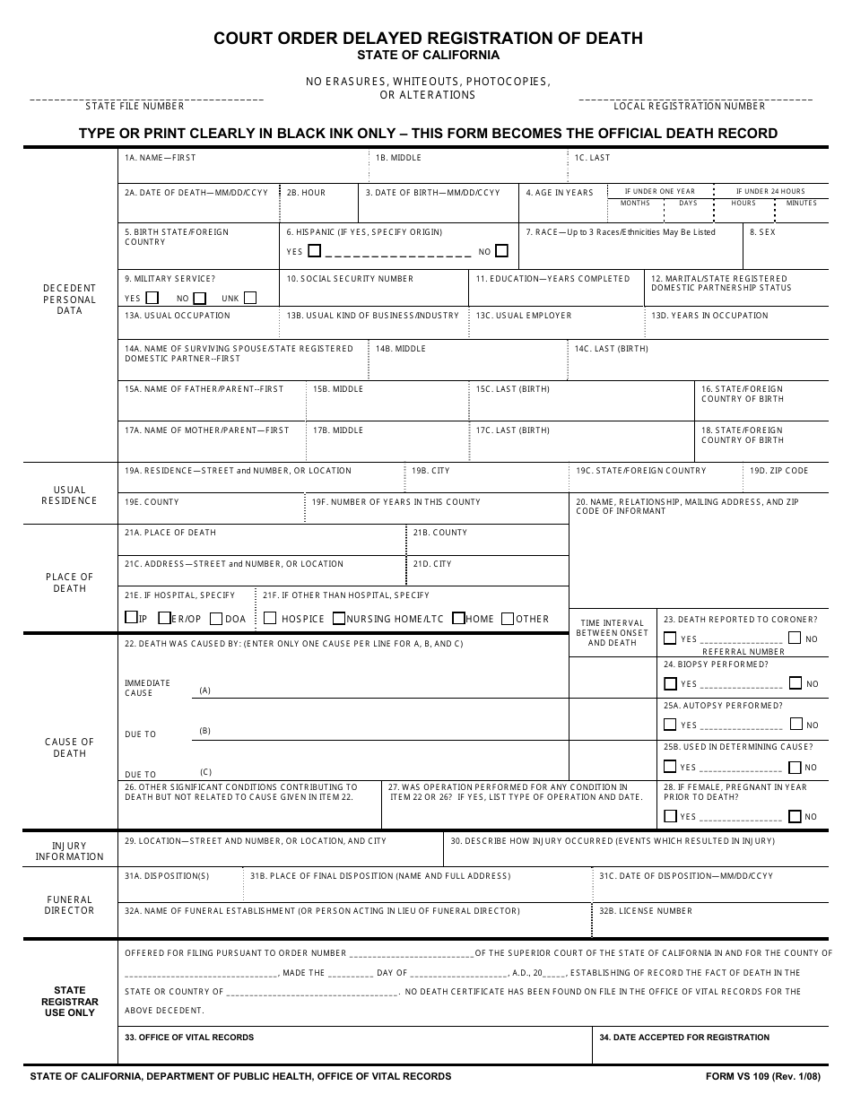 Form VS109 Court Ordered Delayed Registration of Death - California, Page 2