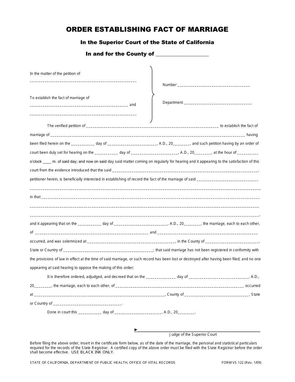 Form VS122 Court Ordered Delayed Certificate of Marriage - California, Page 1