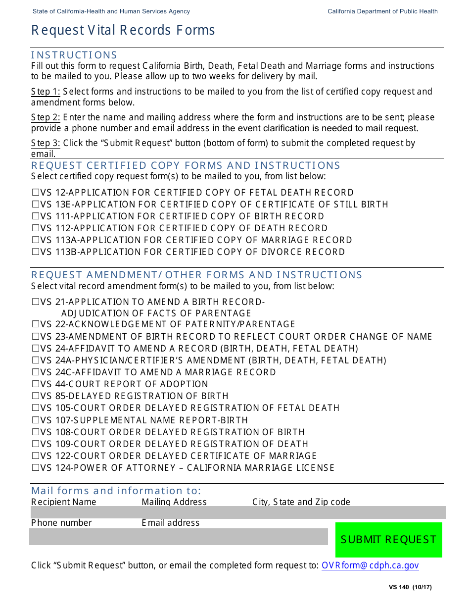 Form VS140 Request Vital Records Forms - California, Page 1
