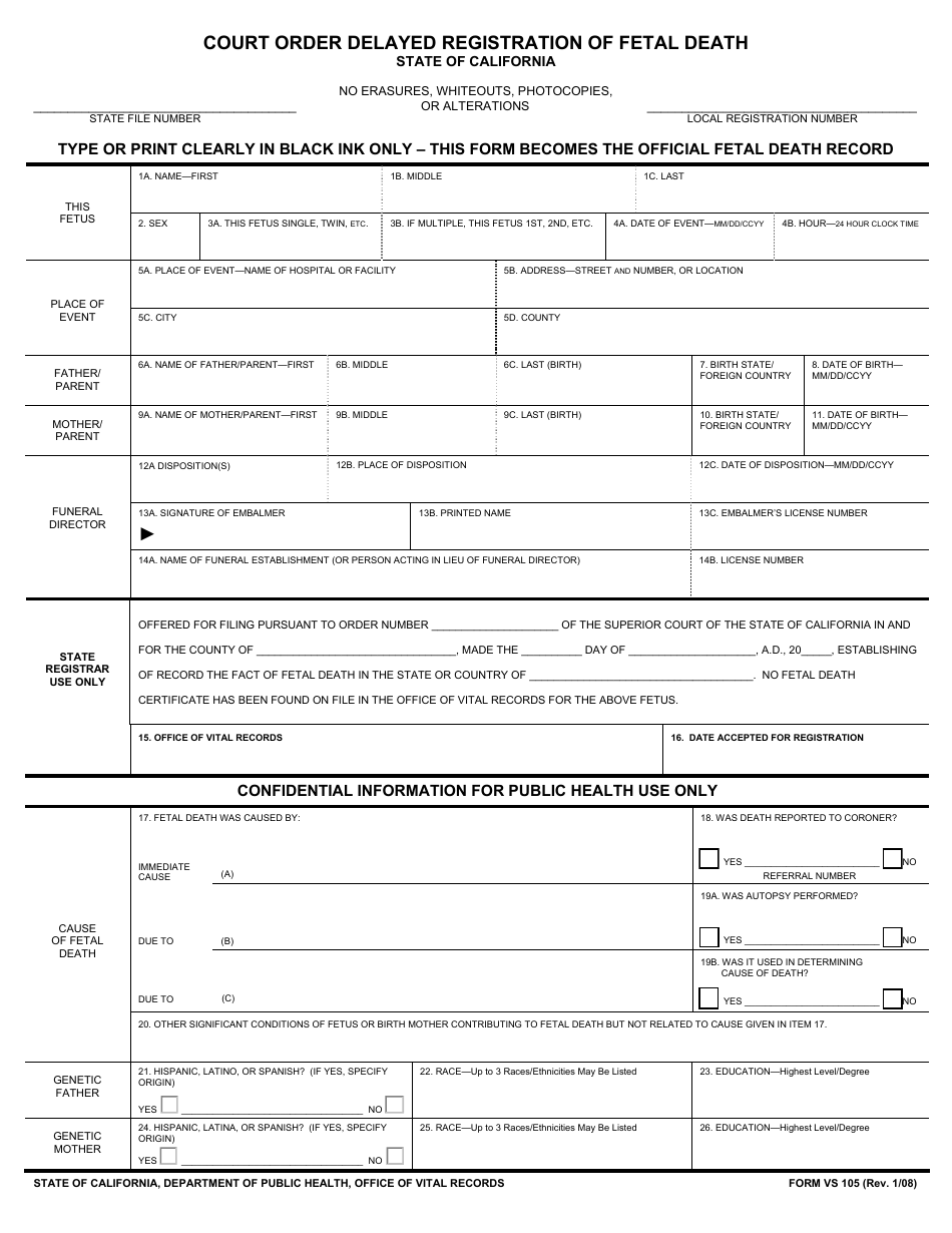 Form VS105 Court Ordered Delayed Registration of Fetal Death - California, Page 2