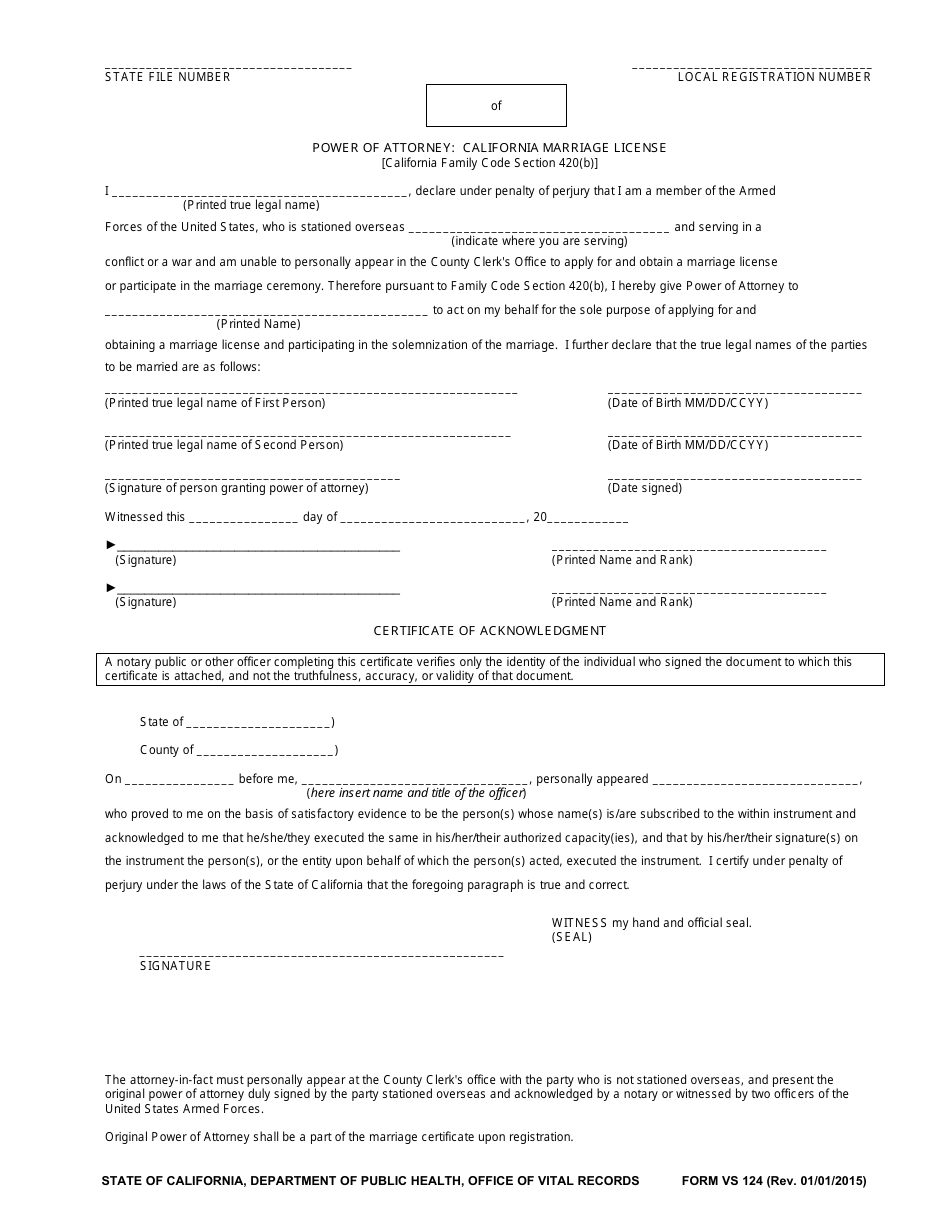 Form VS124 Power of Attorney: California Marriage License - California, Page 1