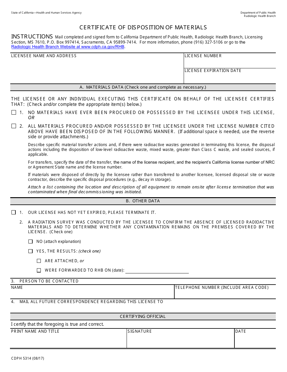 Form CDPH5314 Certificate of Disposition of Materials - California, Page 1