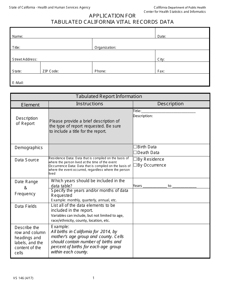 Form VS146 Application for Tabulated California Vital Data Records - California, Page 1