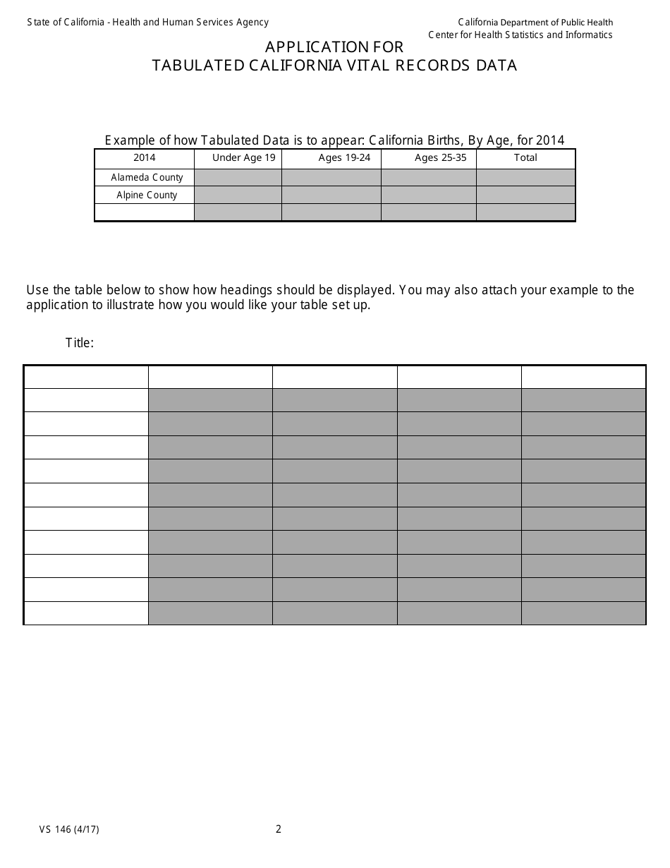 Form VS146 Application for Tabulated California Vital Data Records - California, Page 2