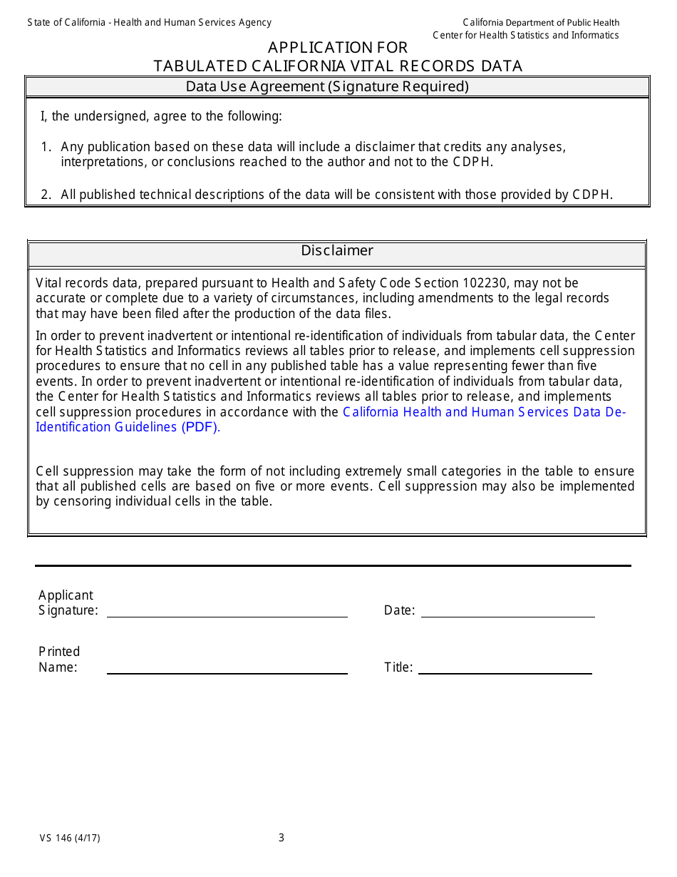 Form VS146 Application for Tabulated California Vital Data Records - California, Page 3