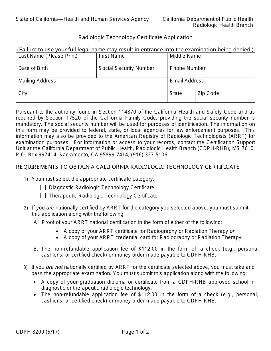 Form CDPH8200 Radiologic Technology Certificate Application - California, Page 1