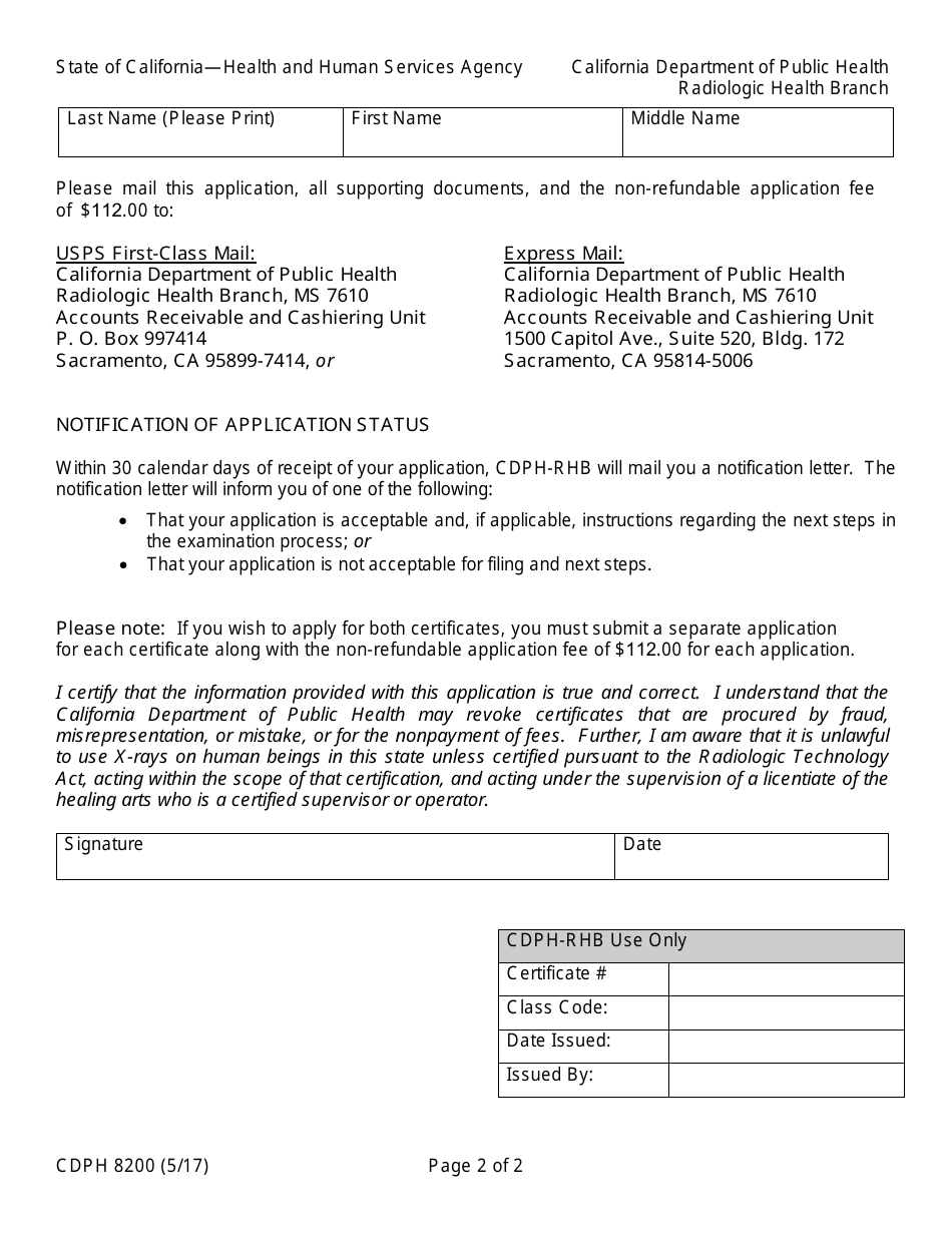 Form CDPH8200 Radiologic Technology Certificate Application - California, Page 2