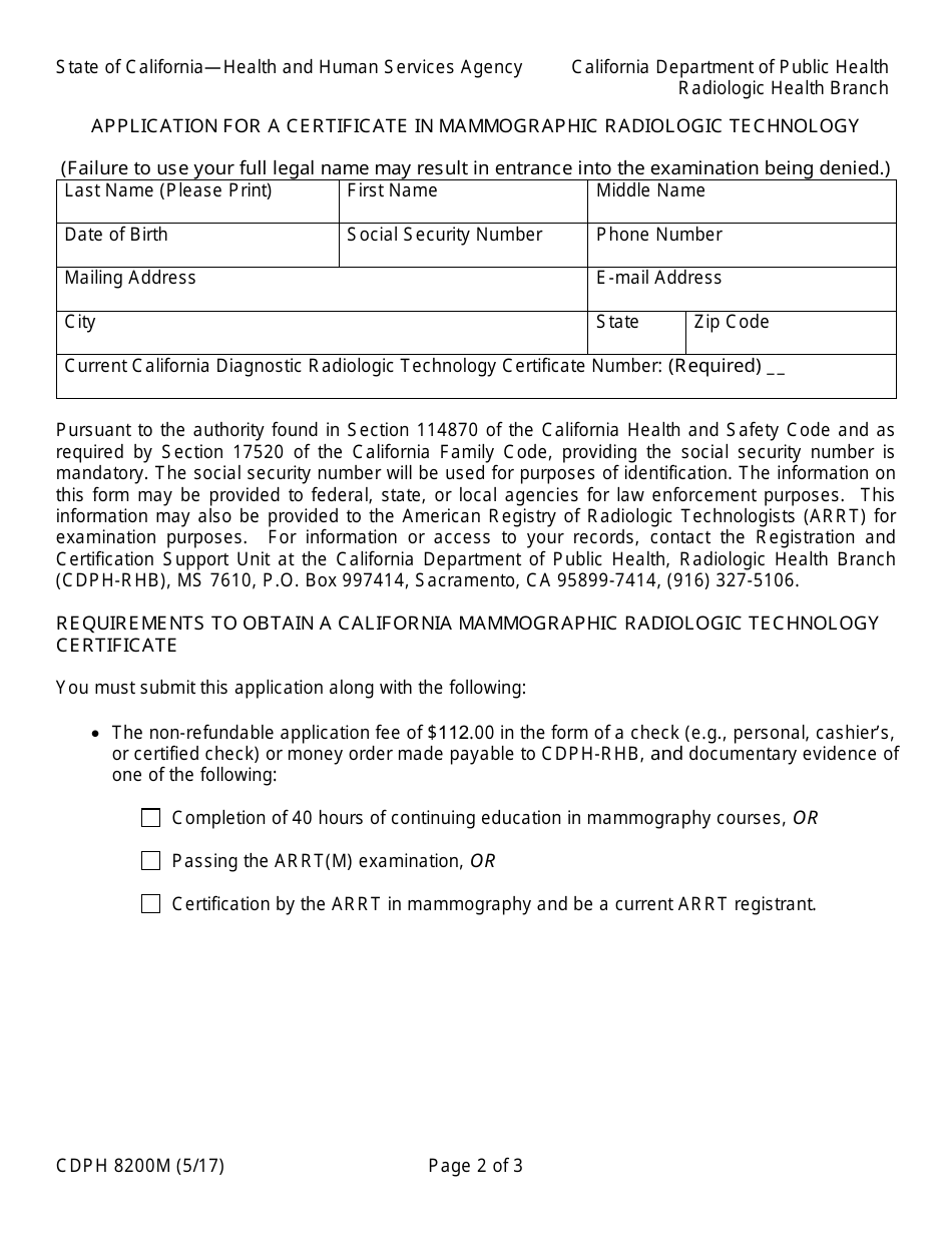 Form CDPH8200M Application for a Certificate in Mammographic Radiologic Technology - California, Page 2