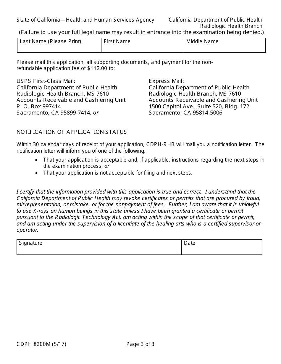 Form CDPH8200M Application for a Certificate in Mammographic Radiologic Technology - California, Page 3